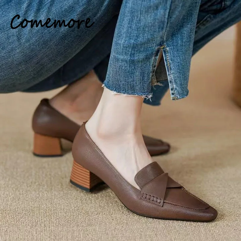 Comemore Pleated Slip on Mid Heels Office Ladies Shoe Chunky Heel Women Square Toe Shoes for Woman Women\'s Autumn 2023 Pumps 34