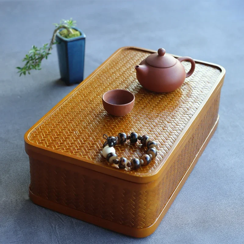 Woven Tea Set Storage Organizer Box Folk Craft Retro Lacquer Jewelry Box Tea Cup Pot Dust-proof Storage Basket