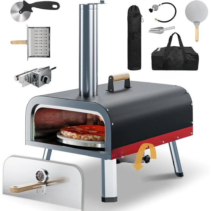 Horno de pizza portátil multicombustible para exteriores, máquina para hacer pizza giratoria de 13", enfriado por leña y gas, contras de 3 capas de acero inoxidable