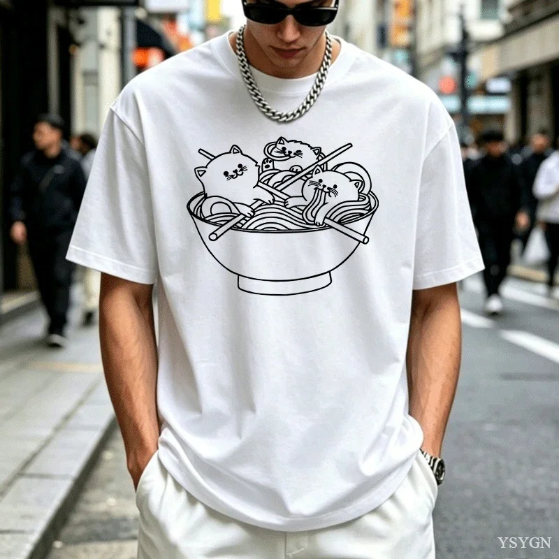 Japanese Style Cat Ramen T-Shirt Cotton Short Sleeve Kawaii Anime Tshirt Ramen Kitten Graphic Tees Cute Food Tee Shirt Clothes
