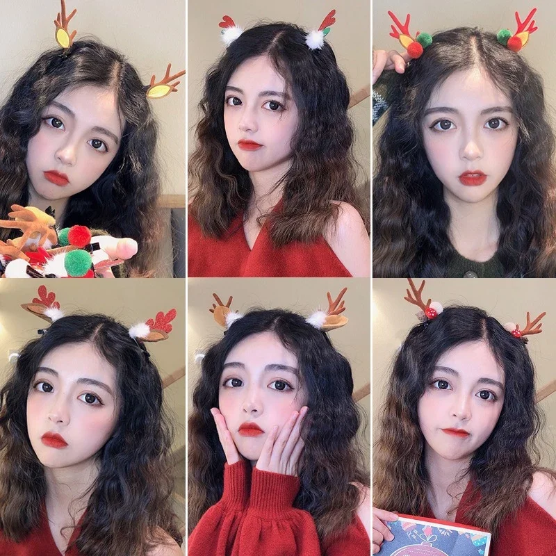 2 buah/Set jepit rambut telinga rusa Natal jepit rambut manusia salju Santa wanita perempuan jepit rambut pesta Natal untuk anak-anak hiasan kepala Cosplay Kawaii