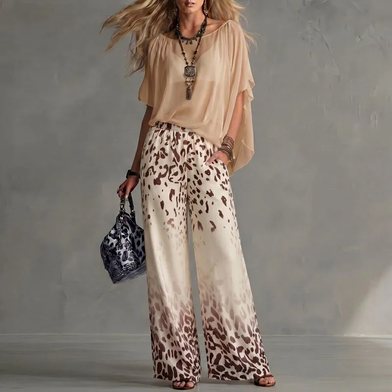 Summer Batwing Sleeve Women 2 Piece Outfit Gradient Leopard Print Wide Leg Pants Set Casual Beach Vacation Matching Pockets Suit