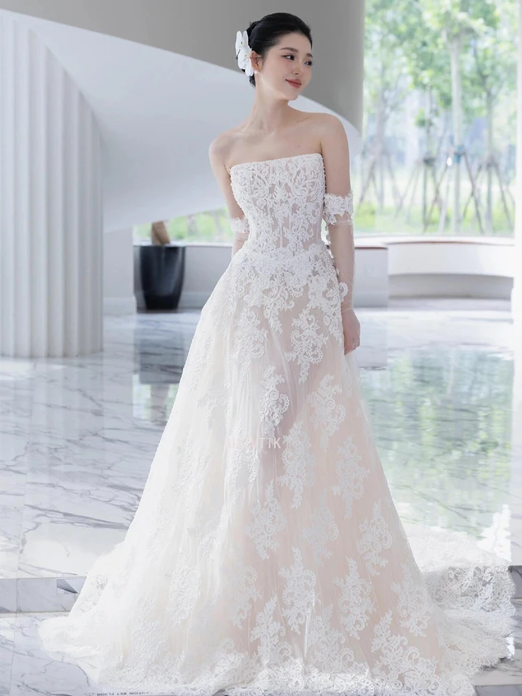 Vintage branco renda a linha vestido de casamento feminino sem alças rendas com luva vestidos de noiva simples coreia vestidos de sessão de fotos de casamento