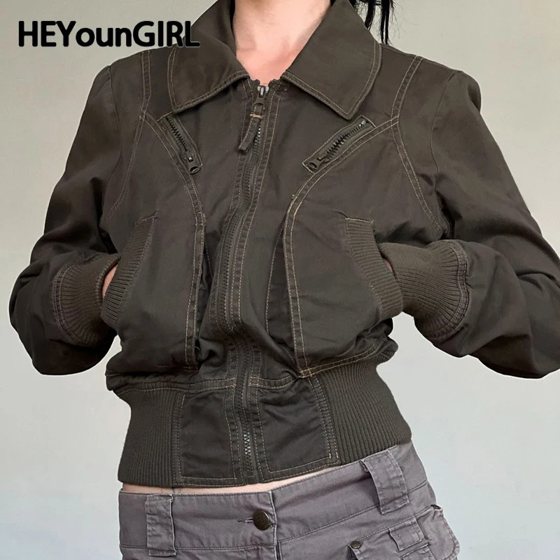 

HEYounGIRL Fashion Y2K Women Cargo Jacket with Zipper Vintage Autumn Casual Stitch Detail Lady Pockets Coat Street Outfits 2024