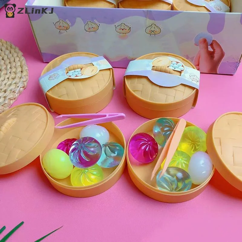 ▶Mini Dumplings With Steamer Bun Squeezable Toys Set Soft Stress Relief Crystal  Fidget Sensory Toy Party Favors Gift
