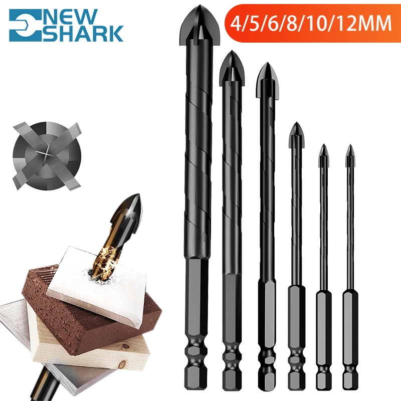 Newshark Tile Drill Bit Set HSS Hex Shank Core Drill Bits Glass Metal Hole Opener Cross Triangle Drilling Set 4/5/6/8/10/12 mm