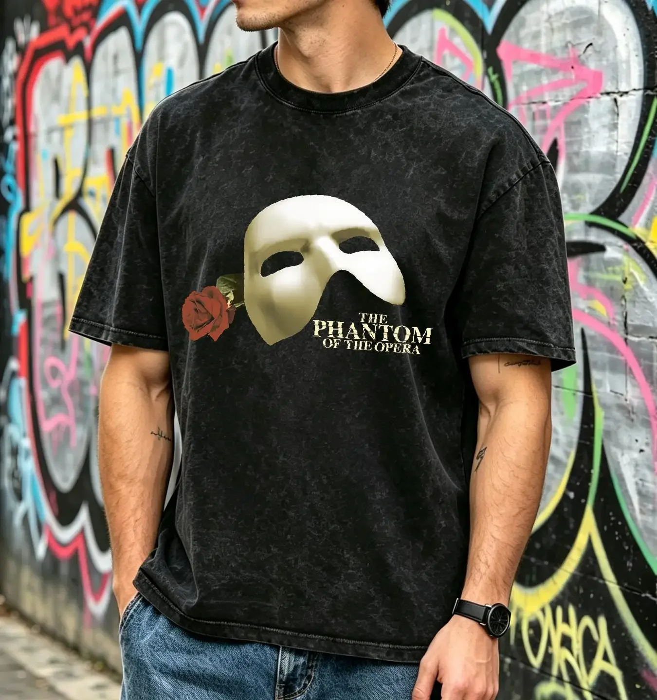 washed T Shirt Vintage Men's Phantom of the Opera dated 1986 Size Small Black vintage Washed Top For Everyday Wear Soft