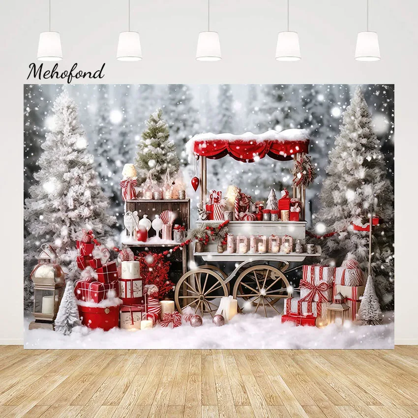 Mehofond Christmas Cart Backdrop for Hot Cocoa Party Kids Portrait X-mas Snow Forest Pine Trees Glitter Photo Background Studio