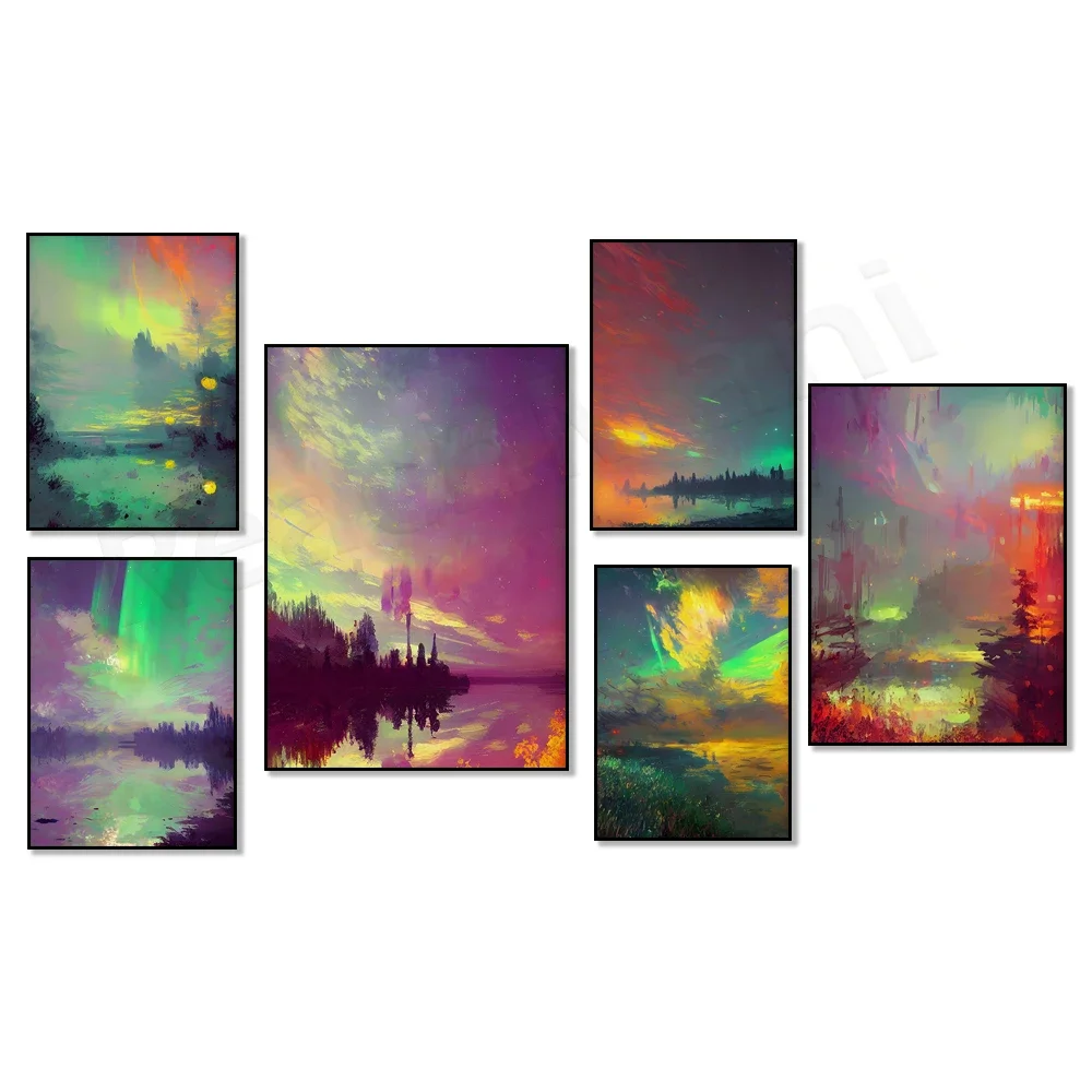 Pintura de paisaje marino - Costa - Pintura de arco iris del océano, aurora boreal, póster de paisaje abstracto, arte del cielo nocturno, siglo surrealista