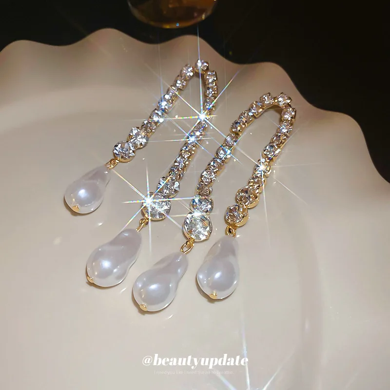 Long Irregular Pearl Crystal Tassel Dangle Earrings