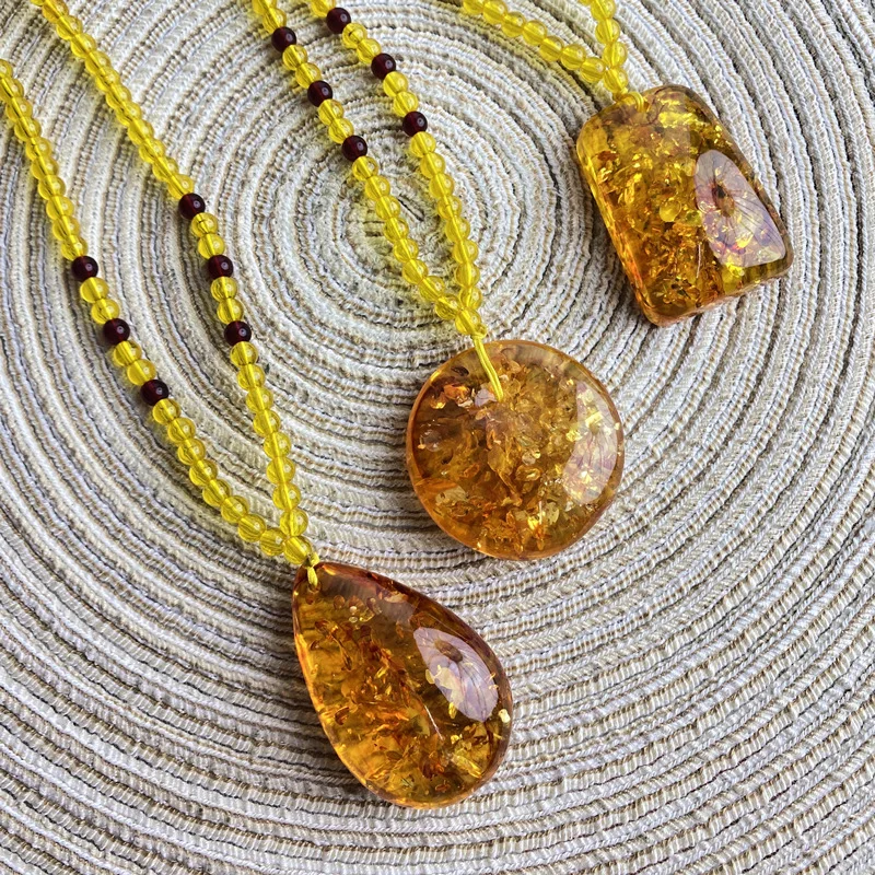 1Pcs Imitation Beeswax Flower Amber Water Drop Plain Pendant Long Sweater Chain Jewelry
