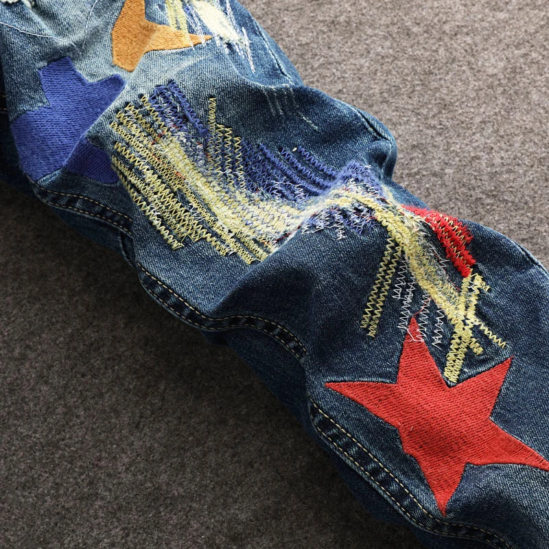 Street Fashion Men Jeans Retro Blue Stretch Slim Fit Patched Ripped Jeans Men Embroidery Designer Hip Hop Vintage Denim Pants