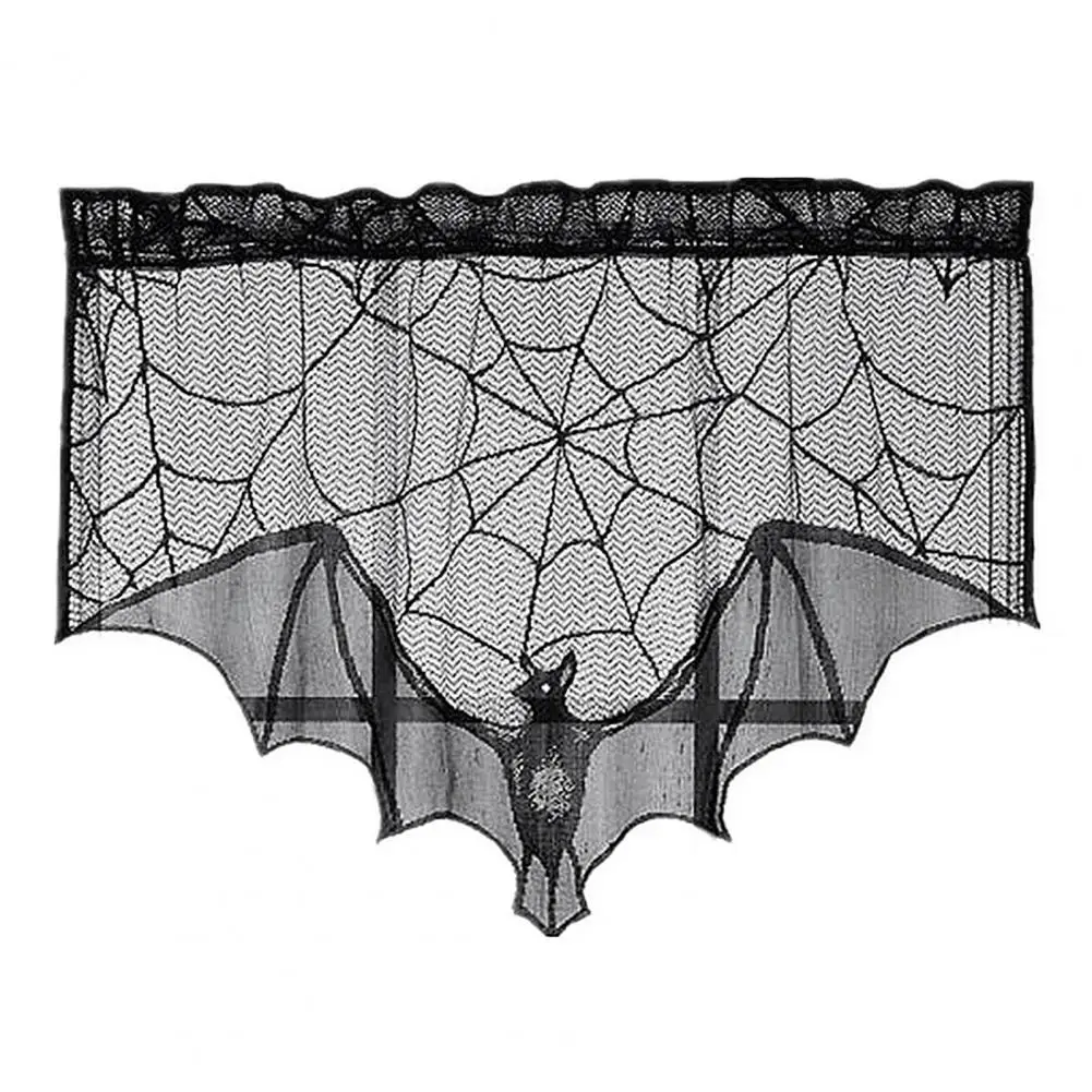 Cortinas de ambiente escalofriante, conjunto de decoración de encaje de Halloween, cenefa de ventana de red de araña de murciélago, manto de Casa Encantada para chimenea