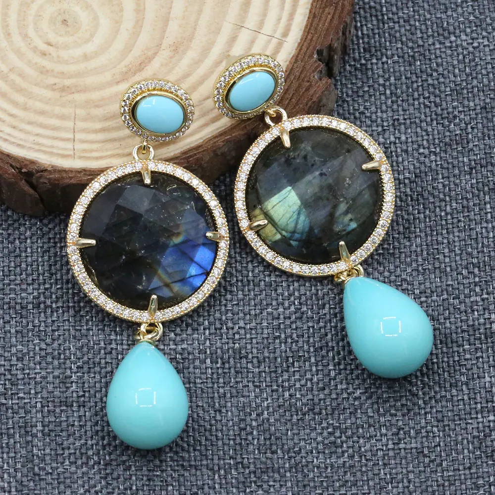 GG Natural Turquoise Blue Shell Coin Shape Labradorite CZ Dangle Earrings Turquoises CZ Stud Earrings For Lady Gifts