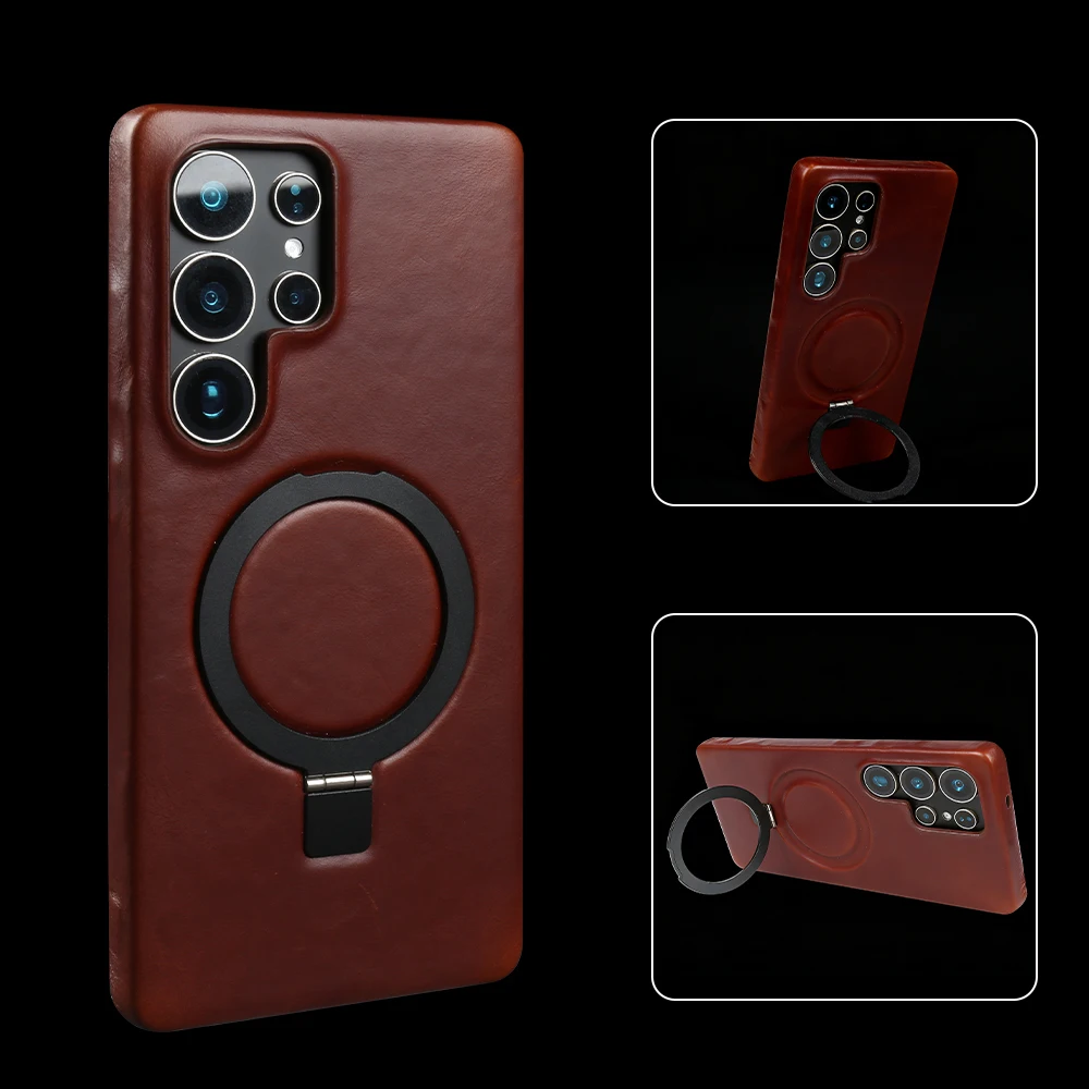 

Phone Case For Samsung Galaxy S25 Ultra Plus FE S23 S22 S21 S20 S24 S25 Note 20 Ultra Genuine Leather Case Magnetic Bracket Ring