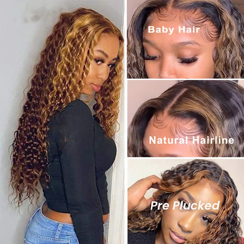 Perruque Lace Frontal Wig Deep Wave naturelle – TRACY HAIR, cheveux bouclés, couleur blond miel HD, à reflets