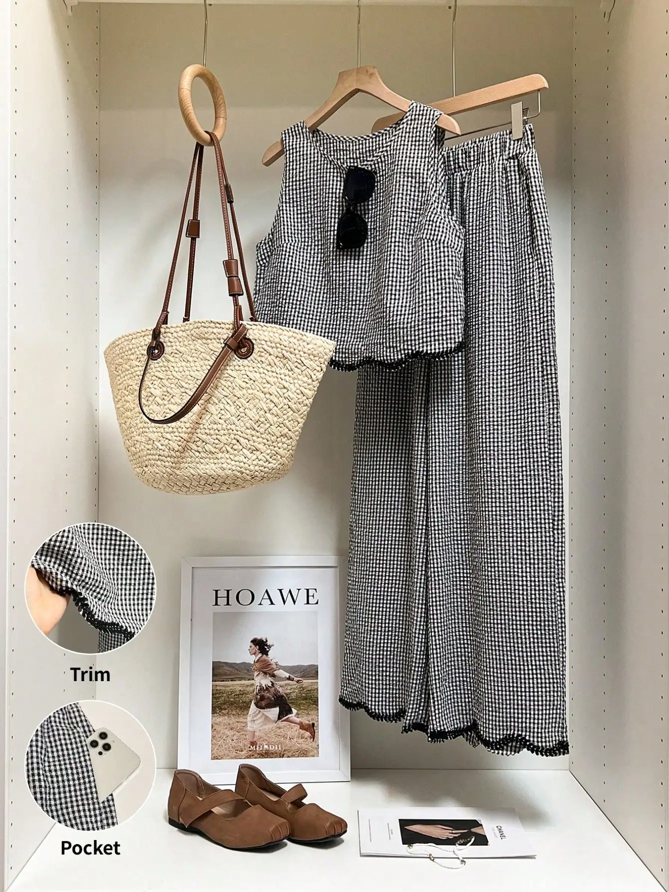 

Черно-белый комплект из топа без рукавов в клетку и брюк с широкими штанинами