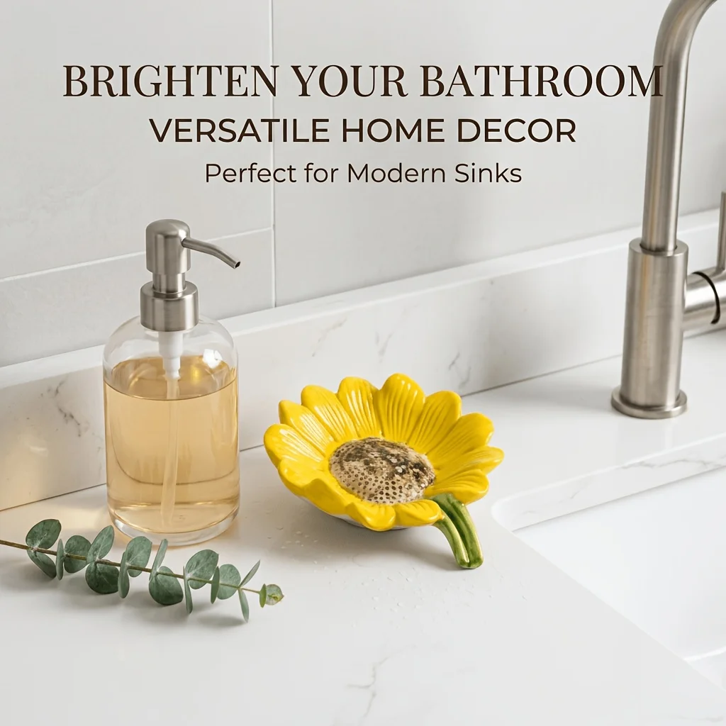 Sunflower Ceramic Soap Dish Drainable Flower‑Shape Soap Holder Creative Decorative Soap Tray for Bathroom Kitchen Countertop Soa