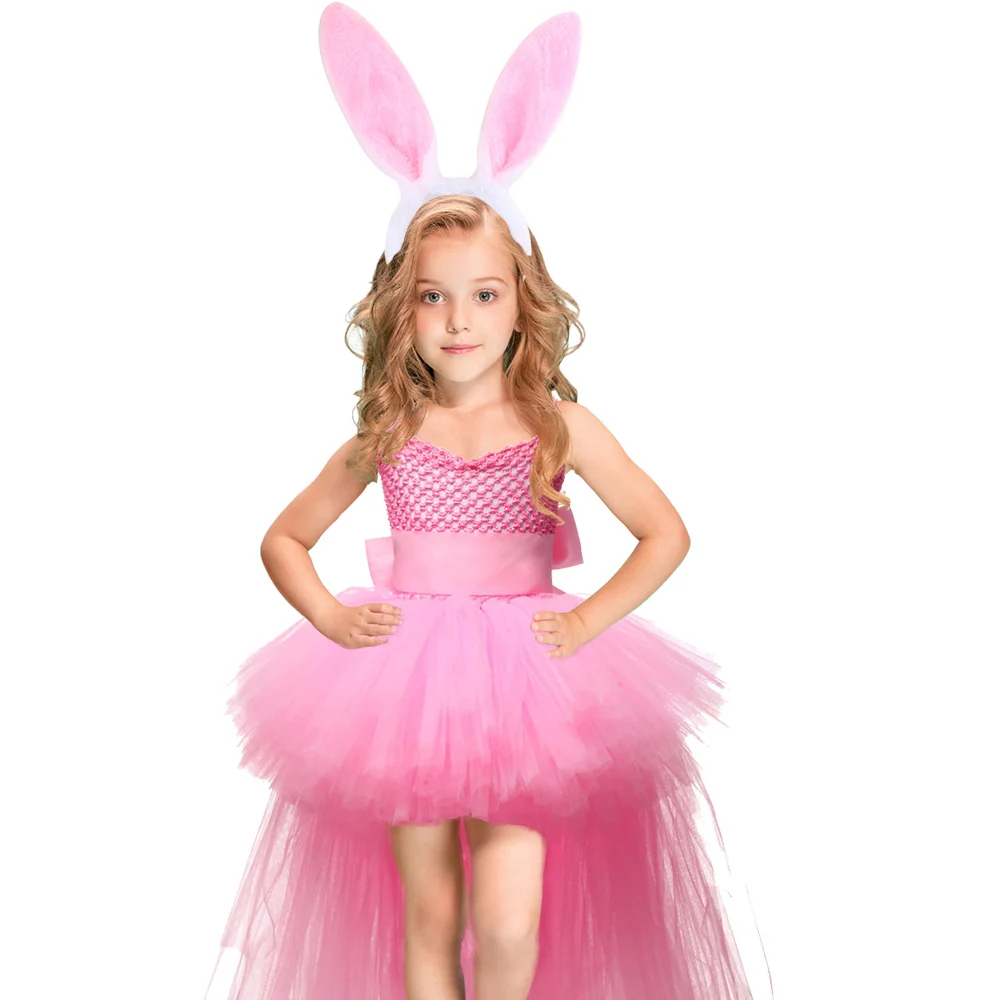 New Easter Bunny Tutu Dress for Girls Rabbit Cosplay Costumes Toddler Birthday Party Gift Tulle Outfit Holiday Long Tail Clothes