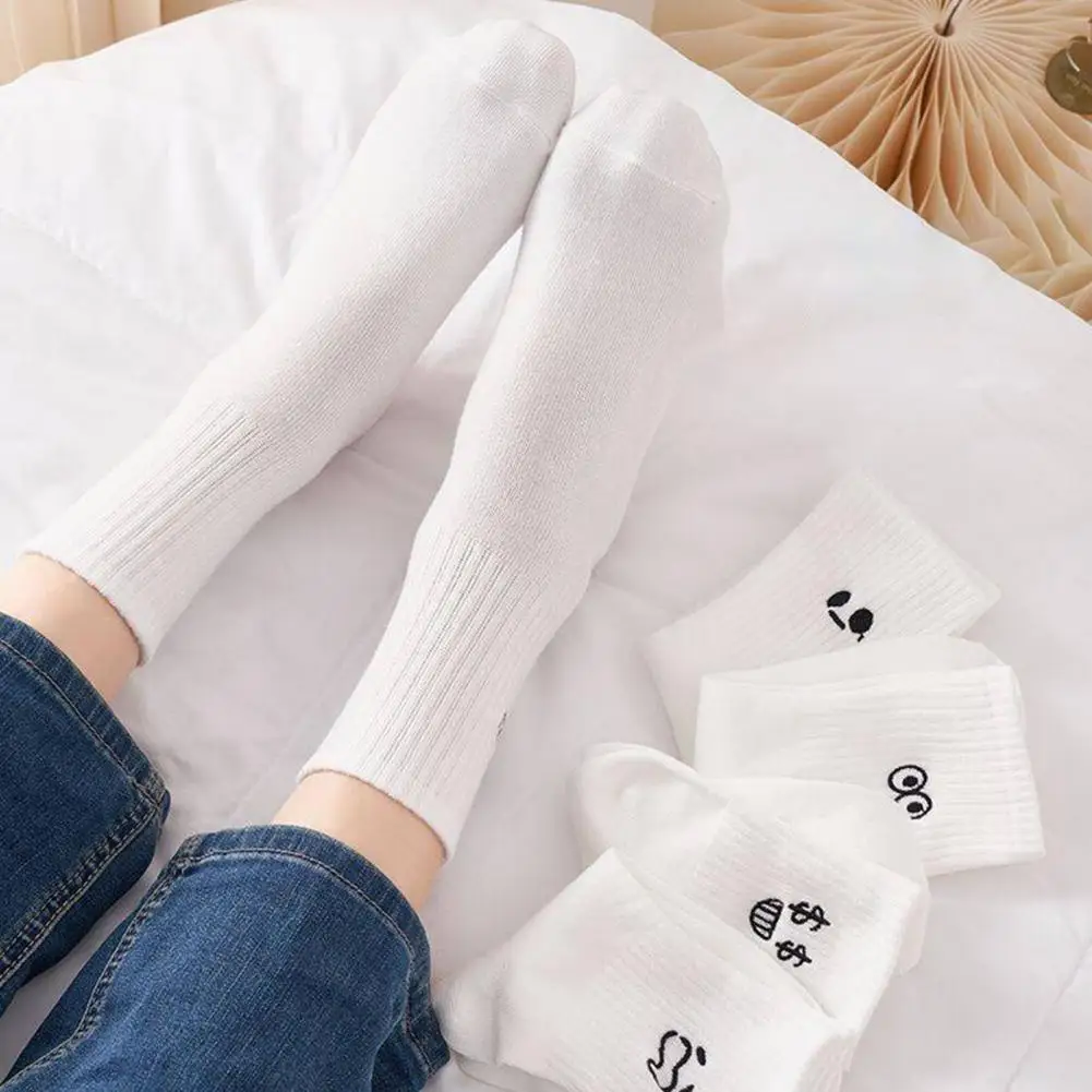 5 Pairs Unisex Winter Socks Cartoon Countenance Embroidery Mid-tube High Elasticity Wrapping Anti-slip Floor Socks Comfort Warmt