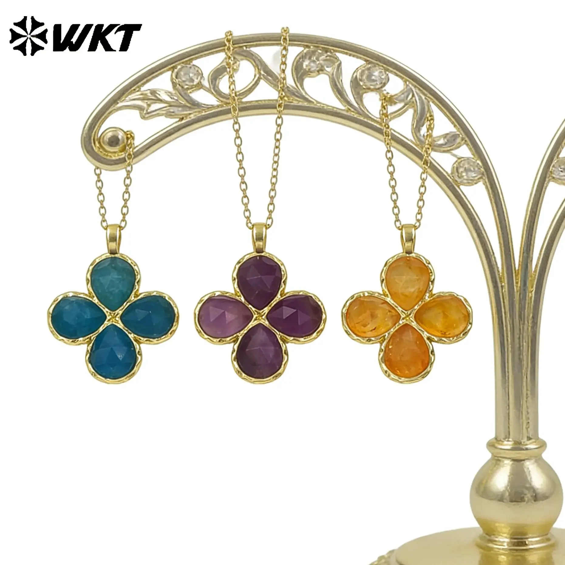 

WT-P2090 Lucky Four-Leaf Clover Compact And Exquisite Charms With 18K Gold Plated Colored Quartz Gemstone Pendants