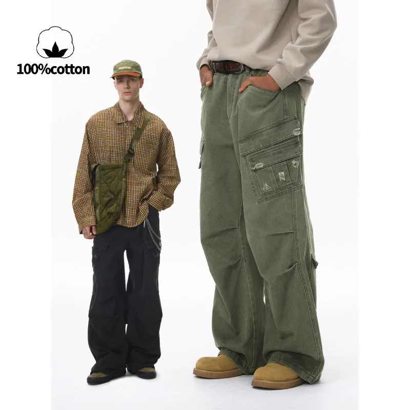 

Water-Washed & Slashed Multi-Pocket Cargo Pants - 100% Cotton, Autumn New Arrival American Street Style Vintage Leisure Trousers