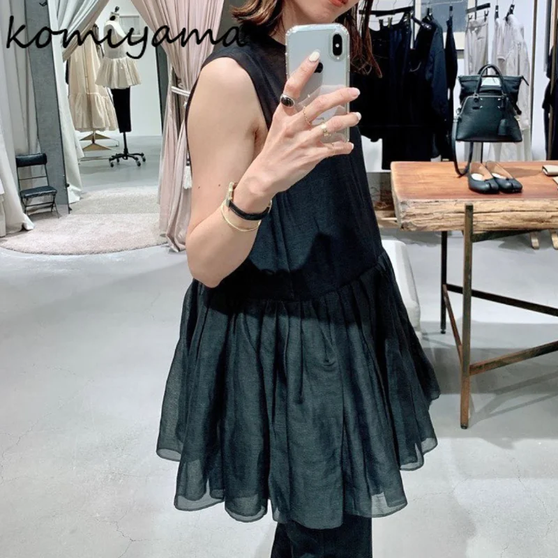 Komiyama O Neck Back Bandage Shirts Blouses Sleeveless Ruched Hem Blusas Mujer Summer New Clothes Women Vinatge Shirt Tops