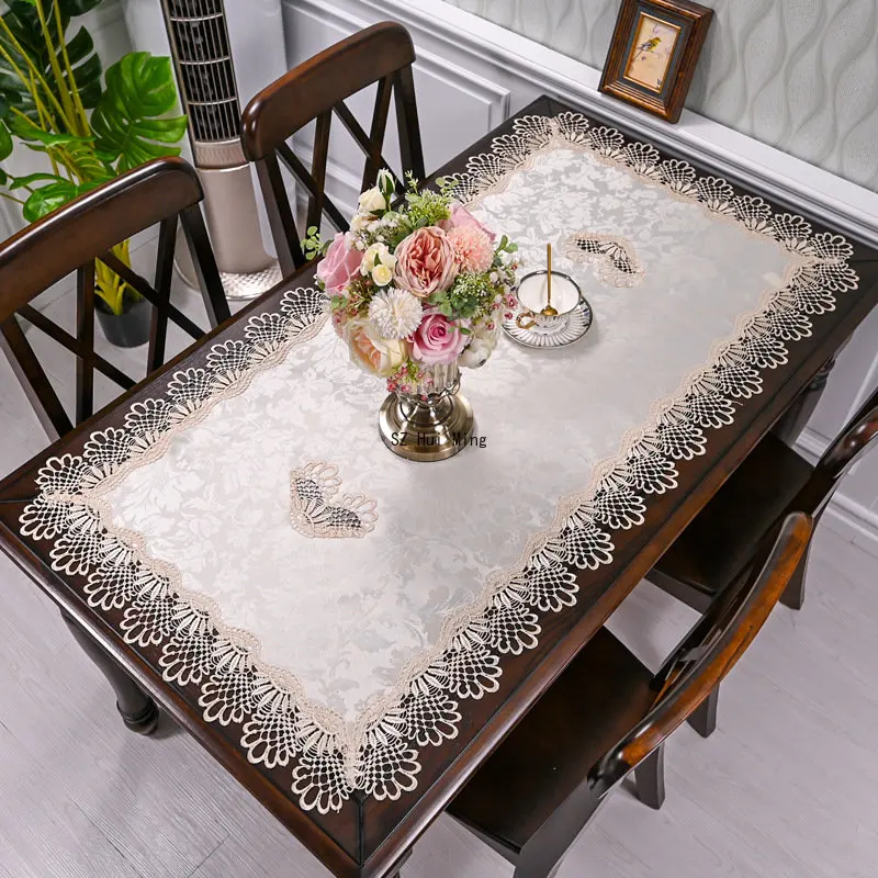 Rectangle Tablecloth White Table Cloth American Embroidered Coffee Tea Table Cover Living Room flower Solid Fabric Lace Book