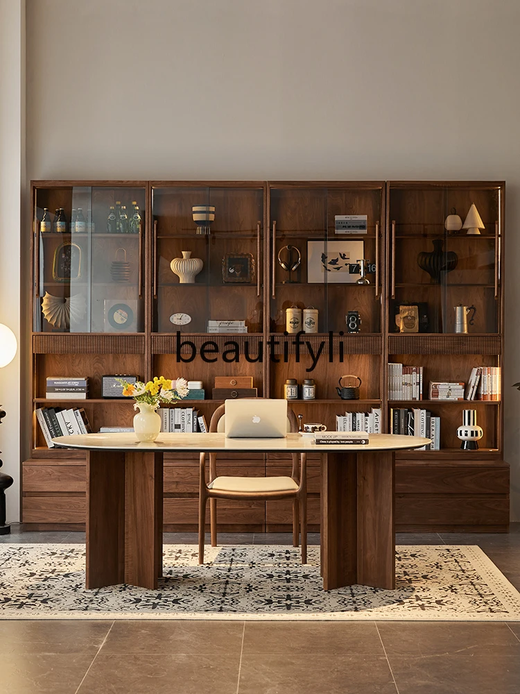 

Full Wall Card Holder Black Walnut Bookshelf Integrated Whole Wall Combination Bookcase Display Storage Cabinet