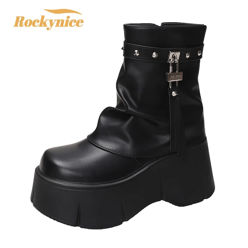 

Soft Leather Ankle Mid Calf Boots Winter Autumn High Platform Wedge British Booties Woman New Ladies Chunky Motorcycle Boots 9CM