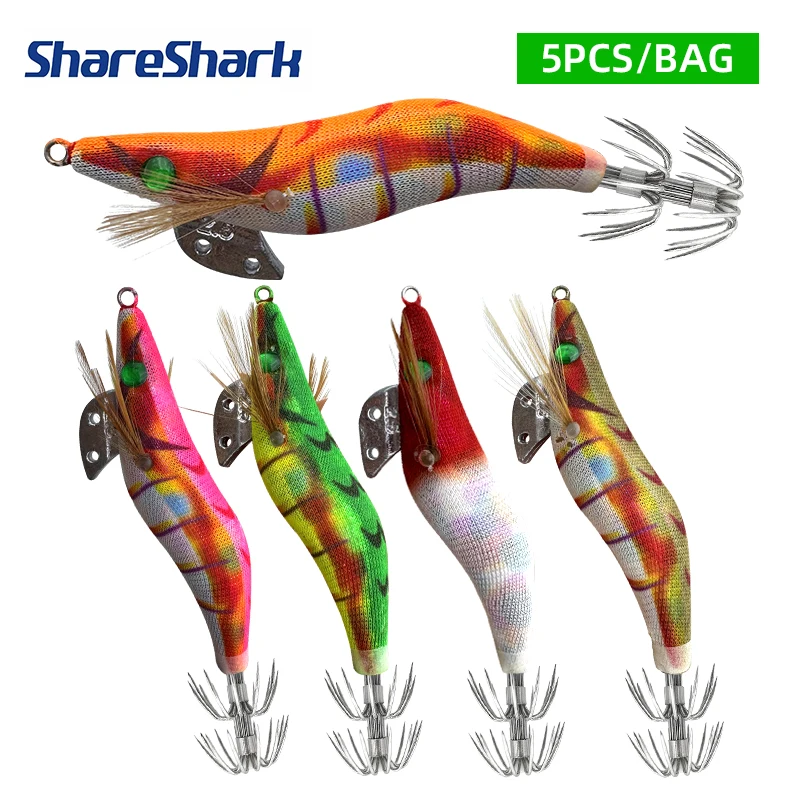 ShareShark 5 peças/pacote 2.5 #   Isca Artificial Luminosa de Camarão de Madeira para Pesca Marítima de Lulas e Chocos