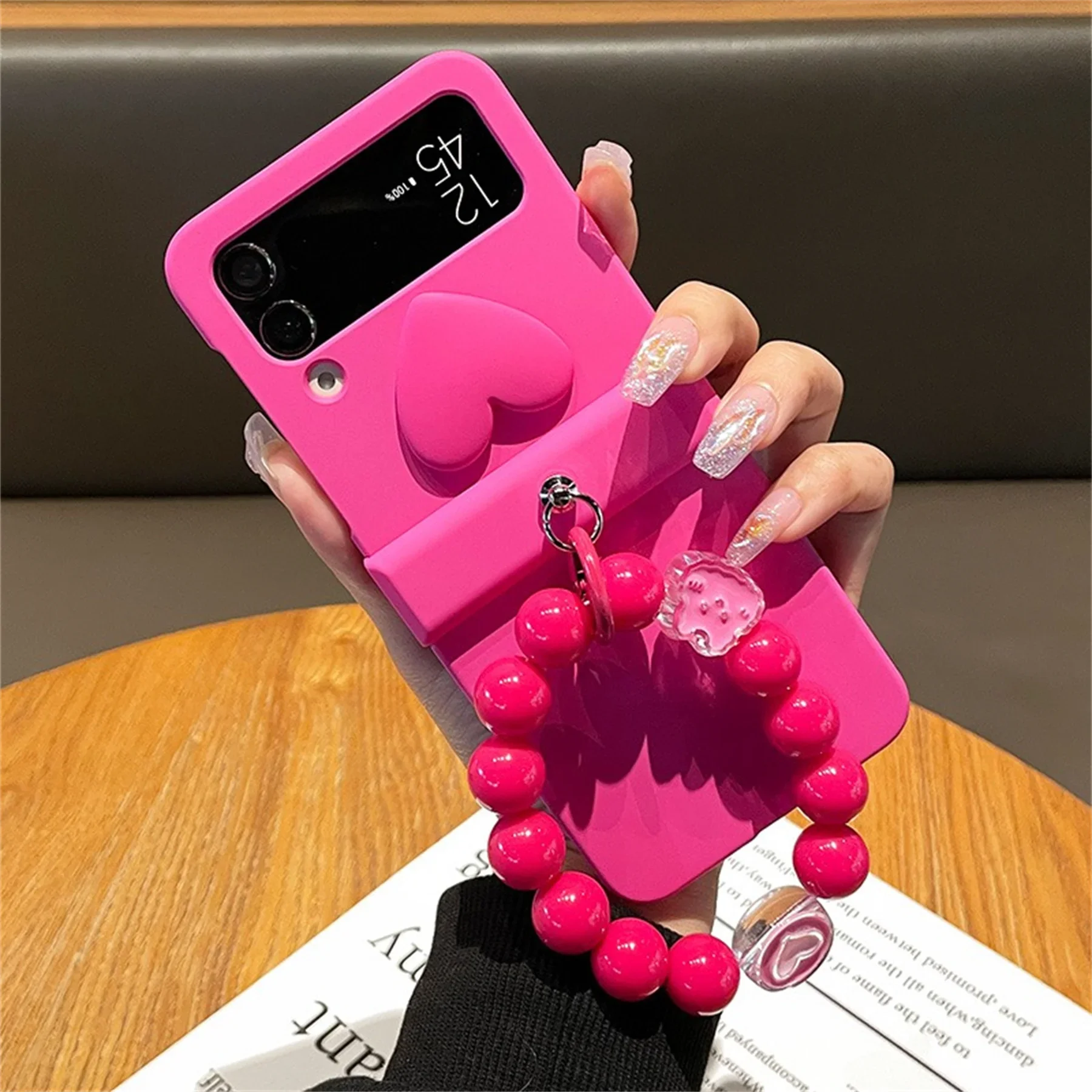 Korean 3D Love Heart Rose Red Case with Bunny Ring Beads Bracelet for Samsung Galaxy Z Flip 3  5G Z Flip3  Zflip5 Zflip4 Cover