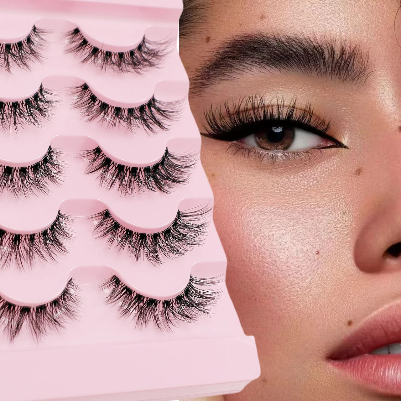5 paires de cils de bande dessinée œil de chat-style long naturel, effet de maquillage pour les yeux d'extension d'extrémité d'aile, faux cils bouclés en forme de C de 8 à 15mm