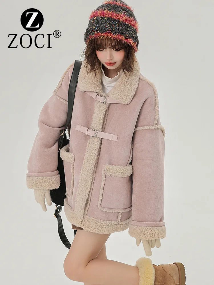 [ZOCI] 2024 Autumn Collar Lambskin Fur Coat For Women New Model With Plush Thick Jacket Fashion