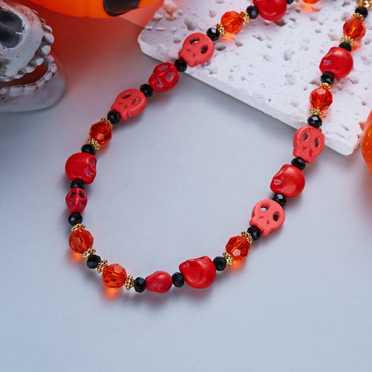 Gotische Cosplay-Halskette mit einzigartigen roten Kristallperlen und Quasten für Damen, Halloween-Fledermaus-Totenkopf-Kürbis-Choker, Punk-Party-Schmuck – Detail 28