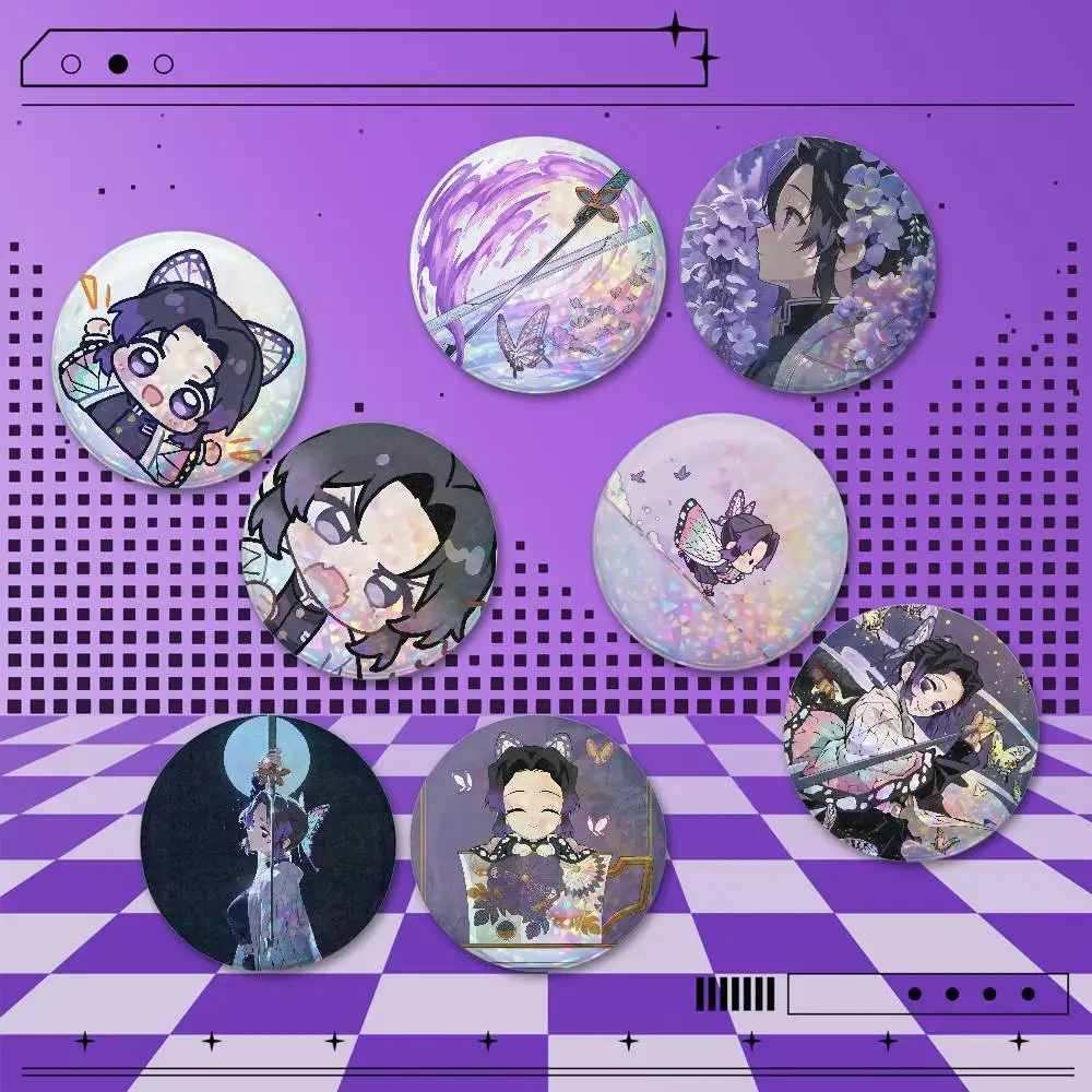 S-Shinobu Kocho 2 Pcs Set Holographic Round Button Badges Custom Pins for Backpack Clothes Hat Bag Accessories