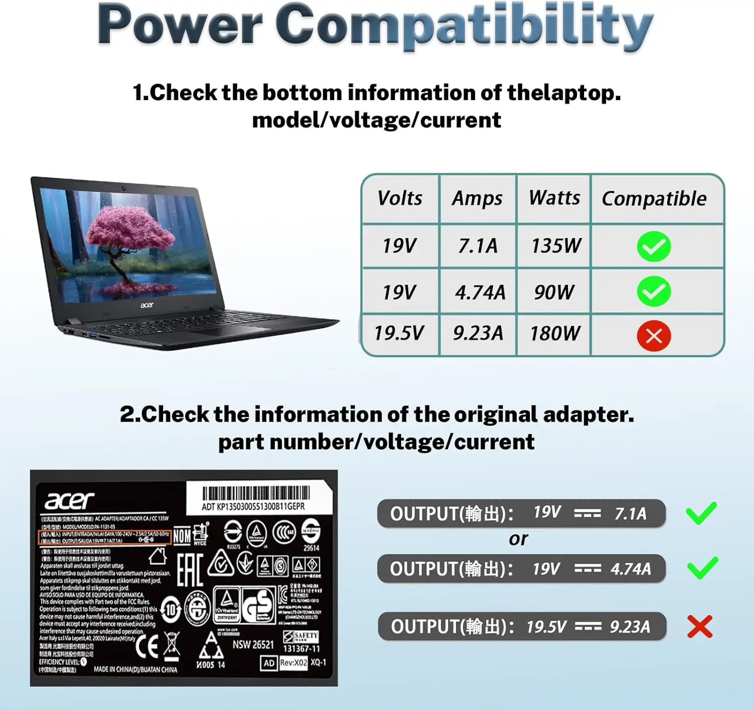 135W 19V 7.1A Power adapter Fit for Acer Nitro 5 N18C3 N18C4 AN517-51 AN515-51 52 53 54 55 57 45 Acer Gaming Laptop Charger