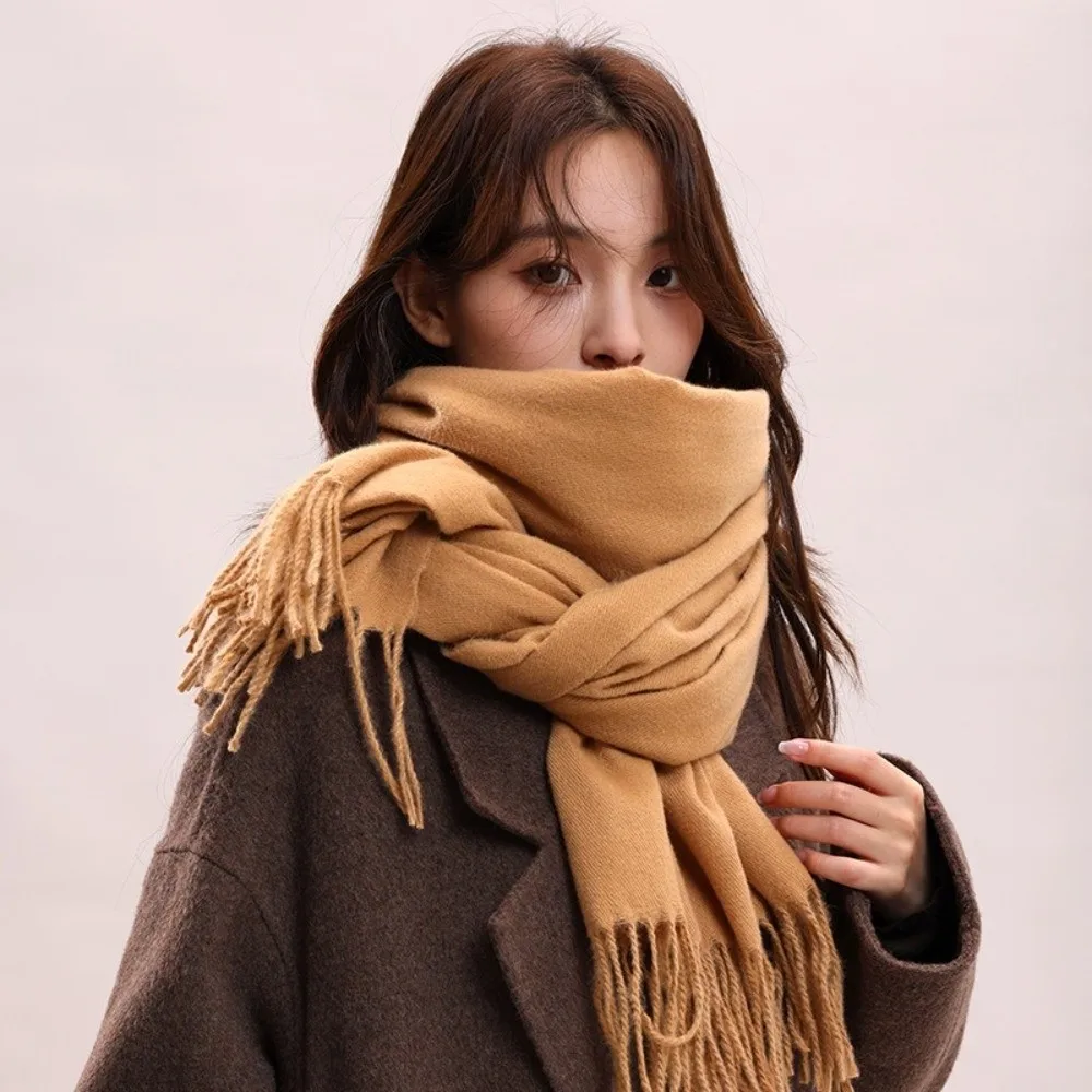 

Retro Tassel Imitation Cashmere Scarf Thickened Windproof Long Wool Scarf Solid Color Soft Women Shawl Women/Male