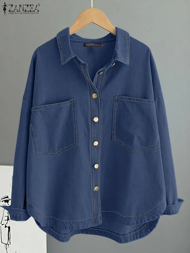 

ZANZEA Fashion Denim Shirt 2025 Women Long Sleeve Casual Loose Solid Blouse Autumn Buttons Elegant Streetwear Blusas Tunic Top