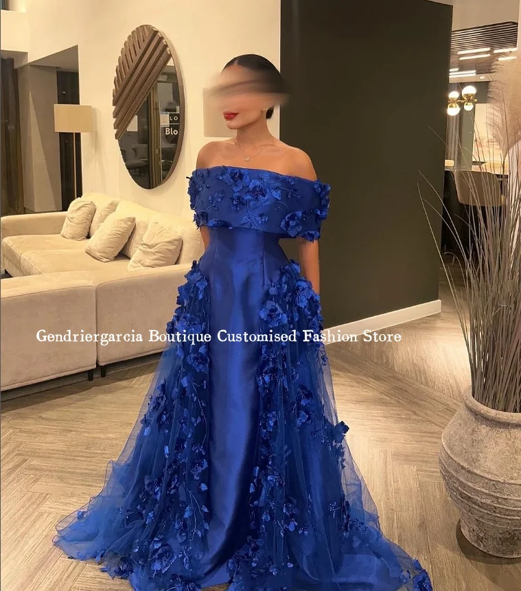 الأحجار الكريمة الأزرق حمالة فساتين لحضور الحفلات الموسيقية رائعة الساتان ثلاثية الأبعاد زهرة البطانة المشاركة ألف خط الطابق طول فساتين السهرة حسب الطلب