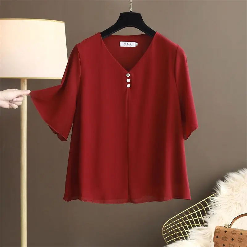 Big Size New Women Loose Chiffon T-shirt Summer Short Sleeve Female Clothing Elegant Vintage All-match V-Neck Thin Pullover Tops