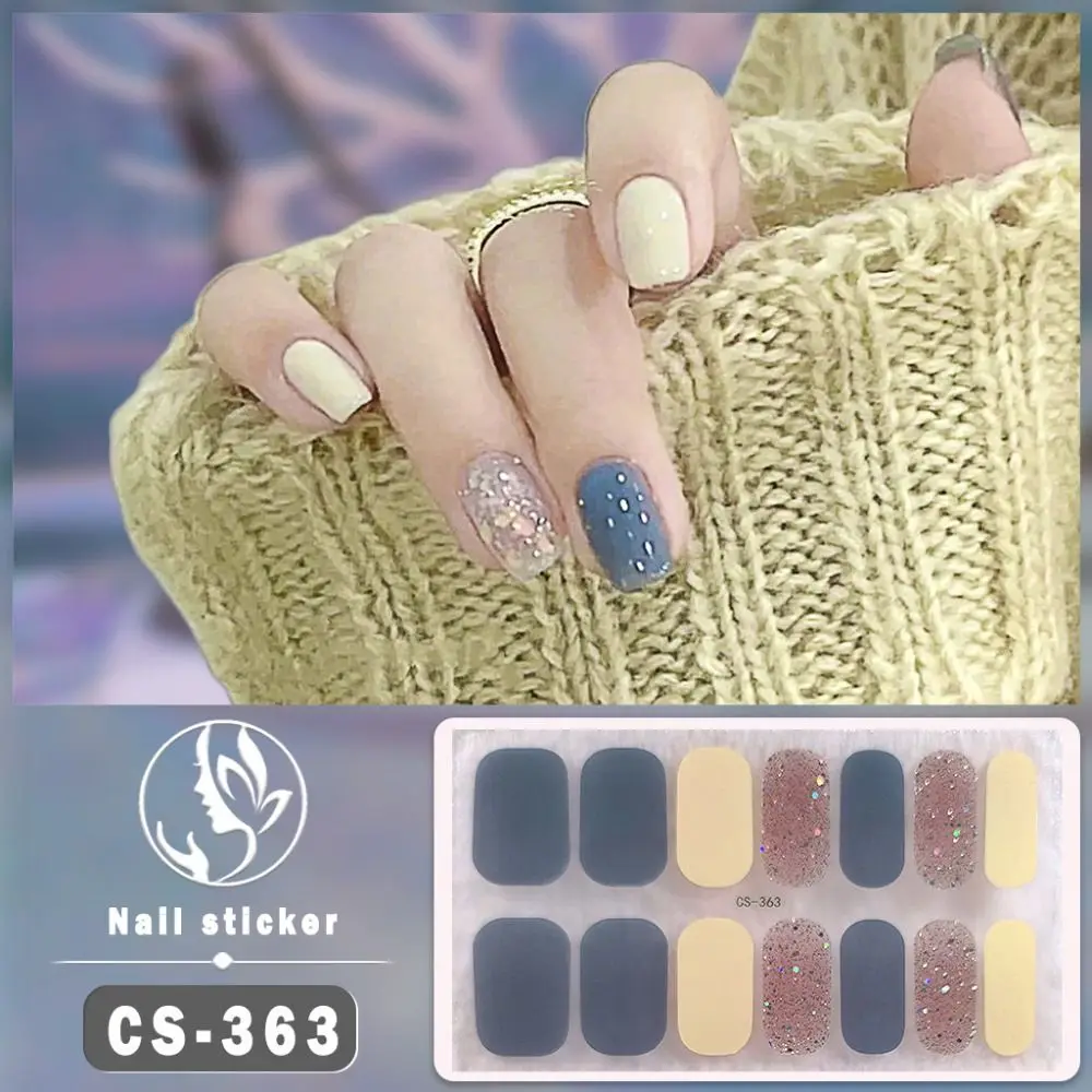 14Tips Foil Gel Nail Stickers Self-Adhesive Glittering Gel Full Nail Wraps Semi Cured Simple French Manicure Decal