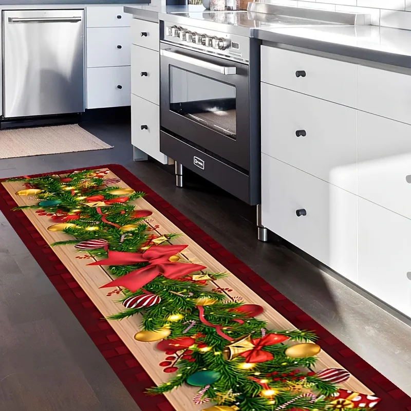 1pc Christmas Holiday Plaid Runner Rug with Holiday Tree, Christmas Ornaments, and Bow Decorative Design, Hallway Runner Rug,