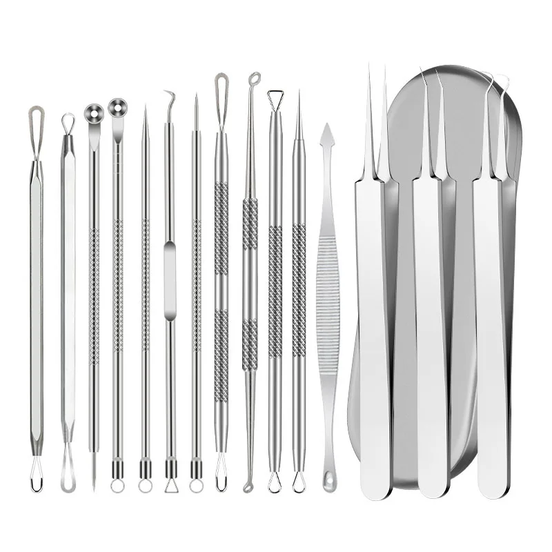 Pinzette per punti neri in acciaio inossidabile Set di strumenti Clip per acne Clip per cellule Ago per acne Ago per spremere l'acne Strumento per la cura della pelle del viso