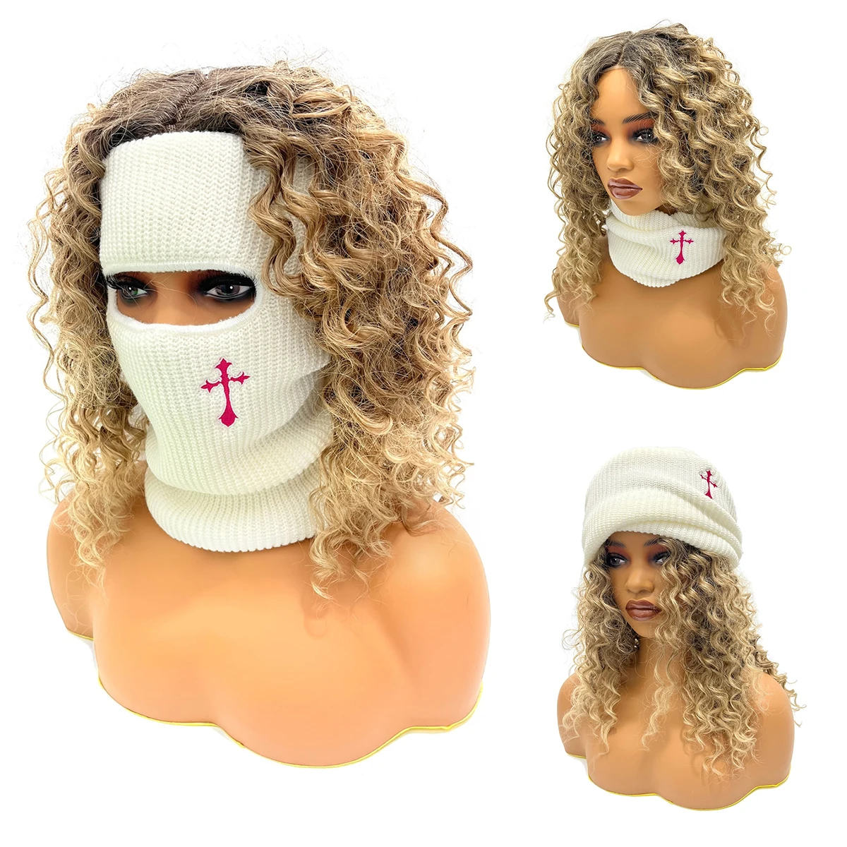 one hole embroidery logo three wear methods wear way knit scarf ski mask for long hair women or hip hop style knitted balaclava