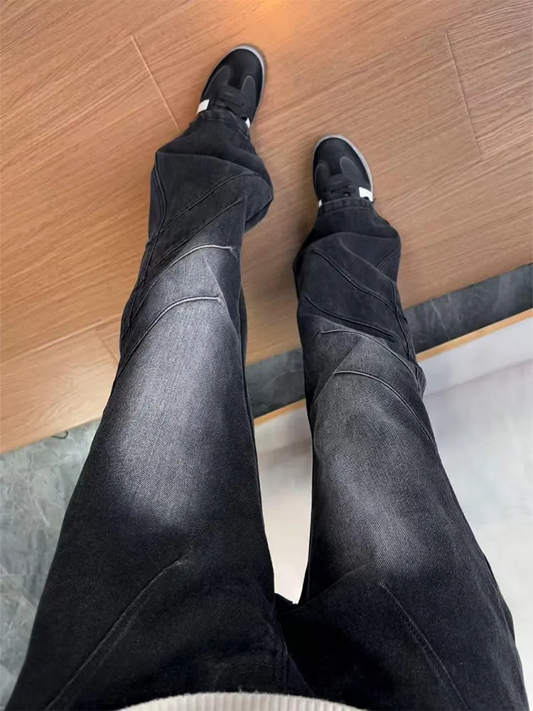

American High Street Deconstructed Washed Workwear Jeans Men's CleanFit Trendy Brand Logging Pants Straight Leg Micro Flared