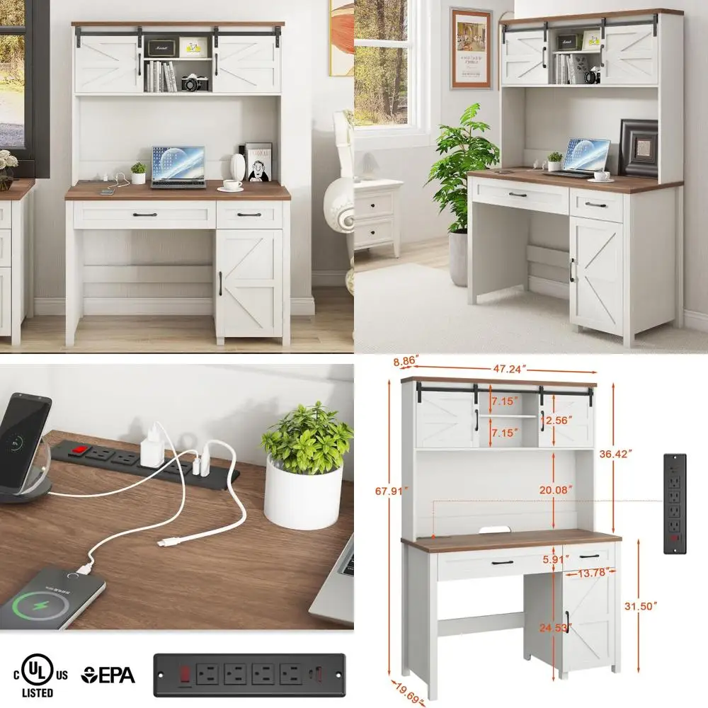 

Executive Computer Desk with Drawers, Storage Cabinet, and Charging Station for Home Office