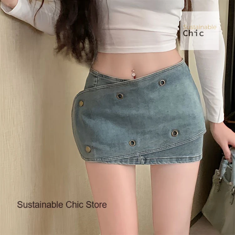 

Korean Spice Girl Design Sense Denim Skirt Female Summer New Fashion Sexy Low Waist Irregular Hip-wrapped A-shaped Skirt
