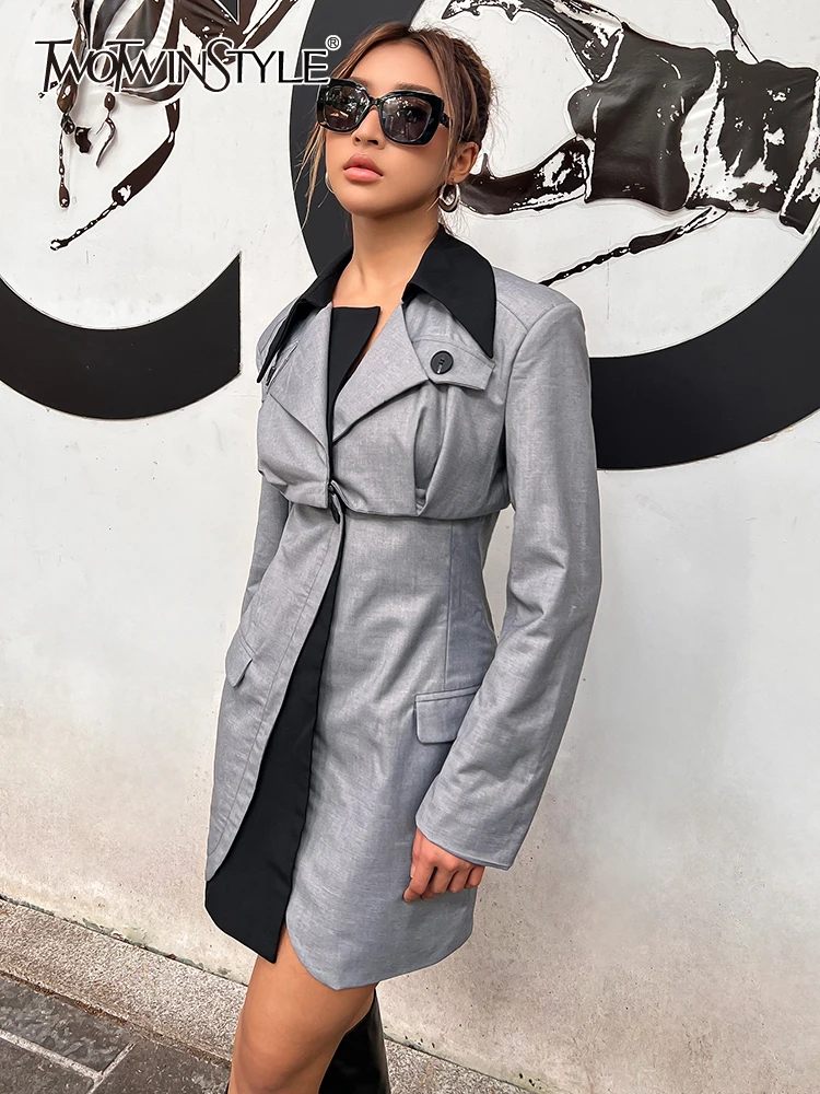 

TWOTWINSTYLE Patchwork Colorblock Blazer For Women Notched Collar Long Sleeve Single Button Blazers Female Fashion Clothes Style