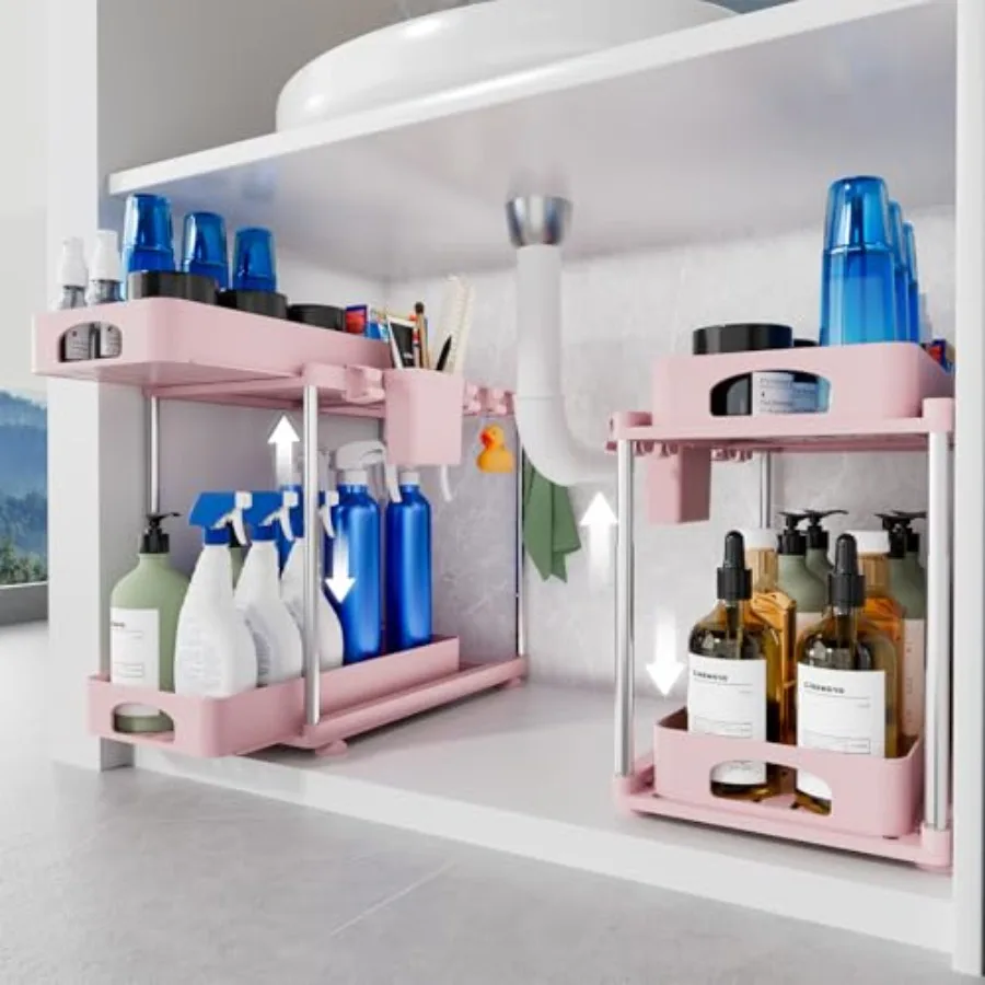 

Under Sink Organizer, 2 Pack Kitchen and Bathroom Cabinet Organizer, 2 Tier Adjustable Height Storage